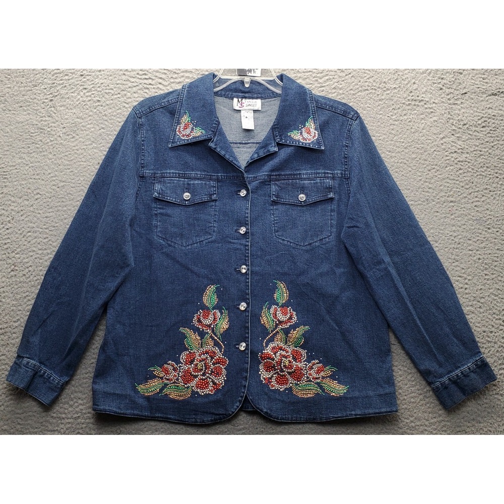 Maggie Sweet Shirt Jacket Womens Petite PL Multi Denim Rhinestone Beaded Floral